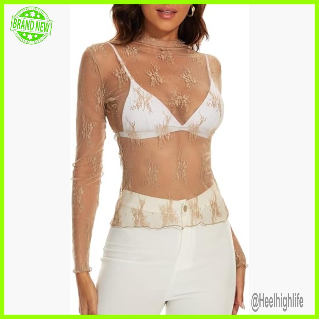 Sheer Mesh Blouse Long Sleeve Floral Lace Mock Neck Top Slim Fit